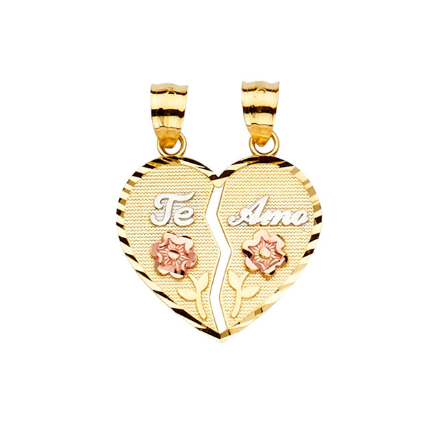 14K Tricolor Gold Medium Te Amo Break-Apart Heart Pendant