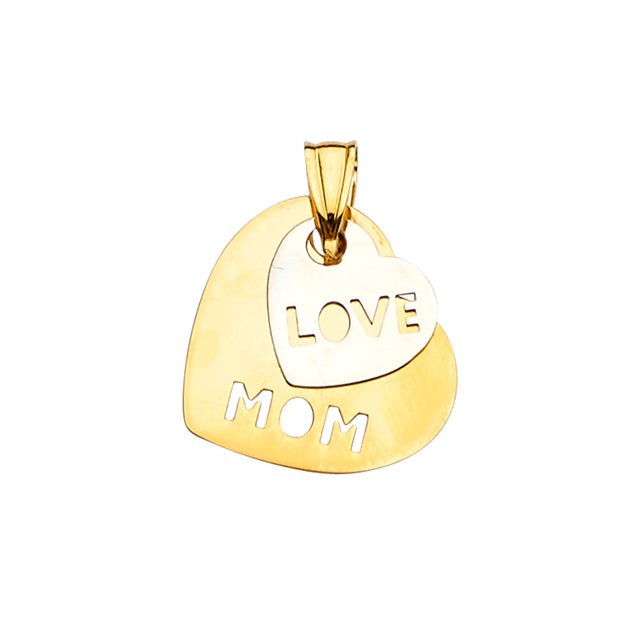 14K Two-Tone Gold Love Mom Two Hearts Pendant