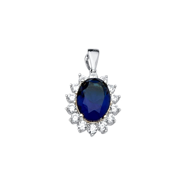 14K Gold Blue Oval Halo Pendant