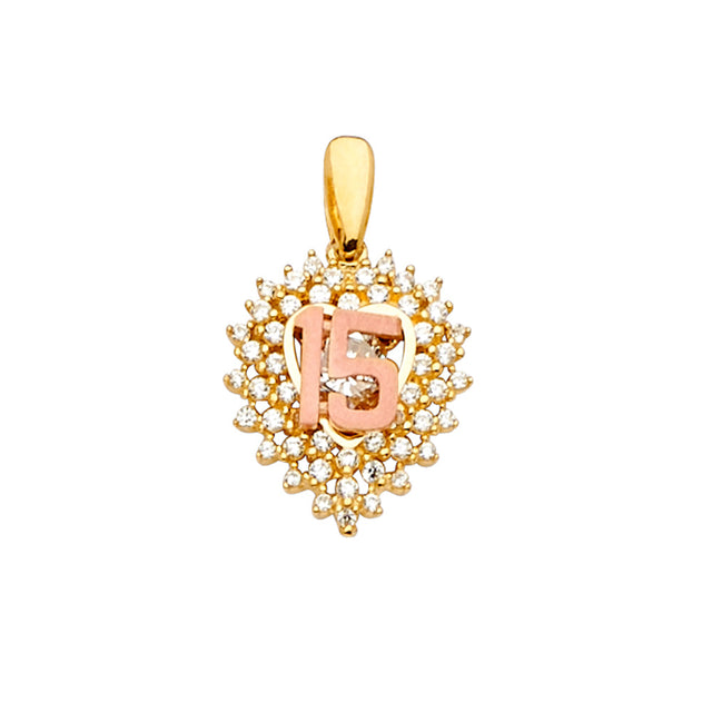 14K Yellow Gold CZ 2Tone 15Years / Half Set Pendant