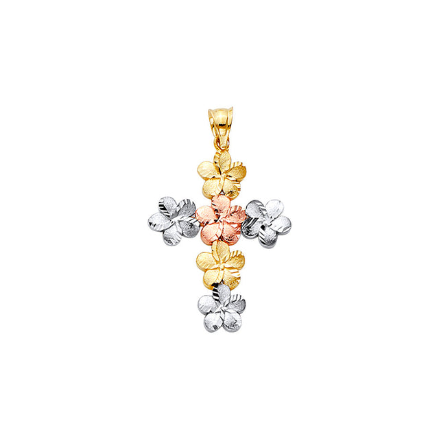 14K Tricolor Gold Hawaiian Flower Cross Pendant
