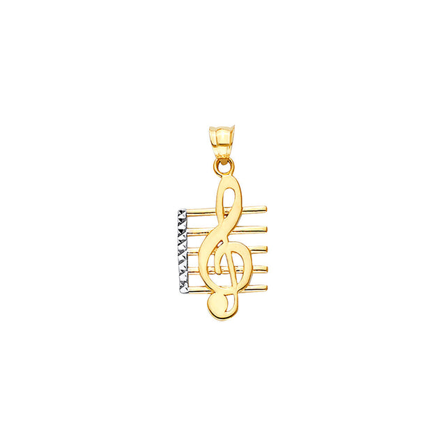 14K Two-Tone Gold Music Note on Diamond-Cut Stave Pendant