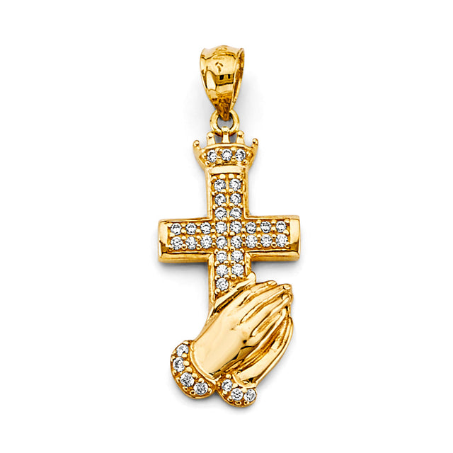 14K White Gold CZ Praying Hand W/ Cross Pendant