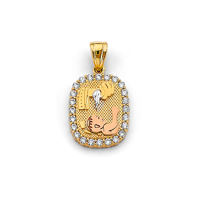 14K Tricolor Gold CZ Rectangular Baptism Pendant