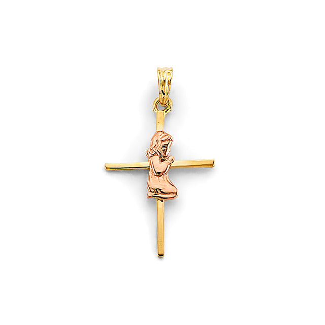 14K Two-Tone Gold Girl First Communion Cross Pendant
