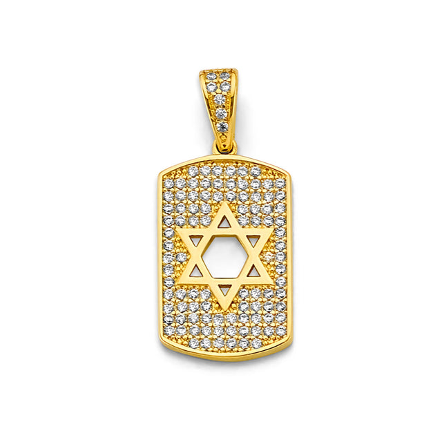 14K Yellow Gold CZ Star of David Dog Tag Pendant