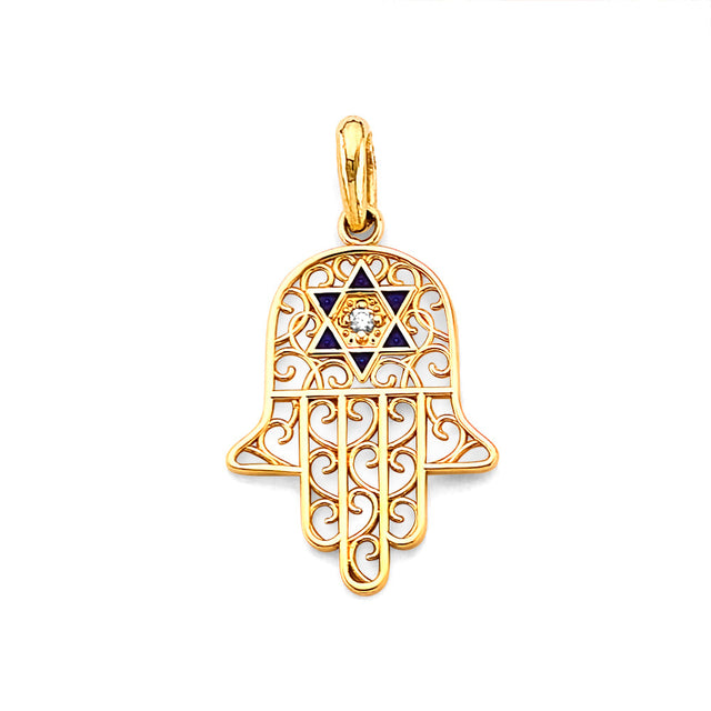 14K Yellow Gold Enamel Hamsa Hand Pendant