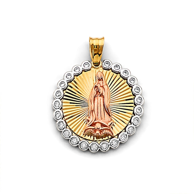 14K Tricolor Gold CZ Guadalupe Medal Pendant