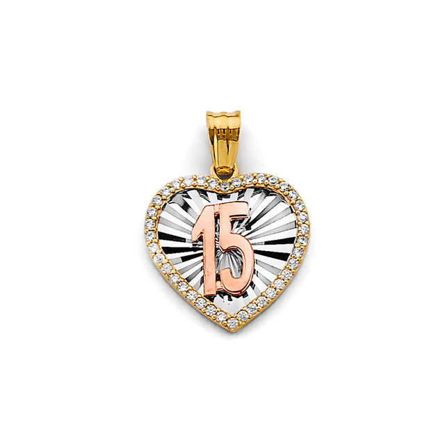 14K Tricolor Gold Quinceañera ‘15’ Heart Pendant — Tricolor — on white background — Italian Fashions