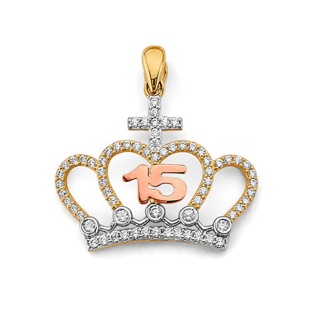 14K Tricolor Gold CZ Crown 15 Years Pendant
