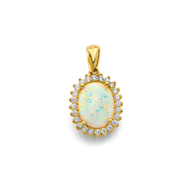 14K Yellow Gold Large Oval Synthetic Opal Halo Pendant
