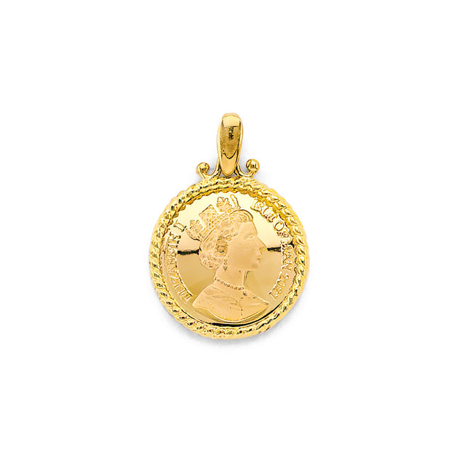 14K Yellow Gold Queen Elizabeth Filigree Coin Pendant