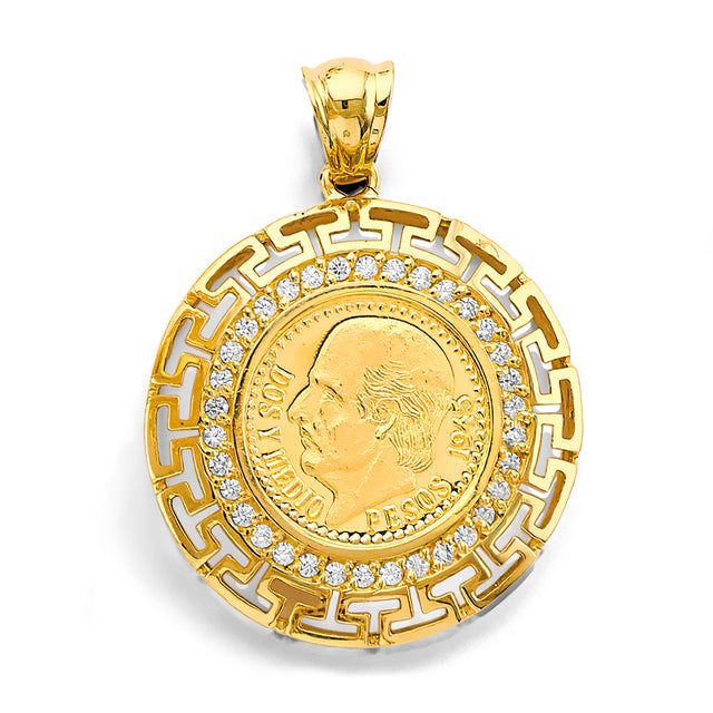 14K Yellow Gold Greek Key 2.5 Pesos Coin Pendant