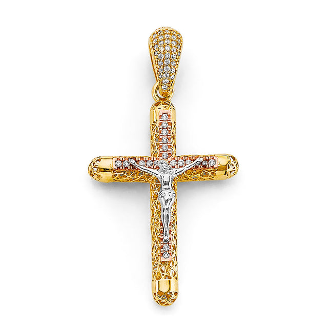 14K Two-Tone Gold CZ Crucifix Cross Pendant
