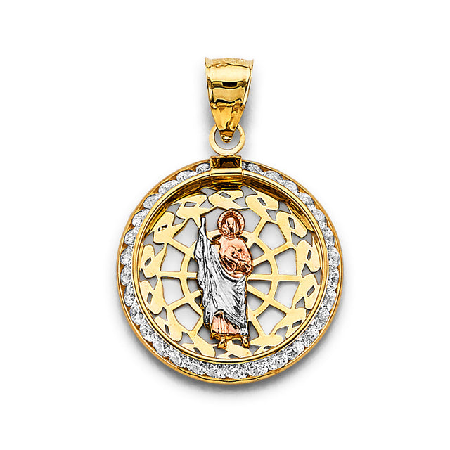 14K Tricolor Gold CZ Round St. Jude Thaddeus Pendant