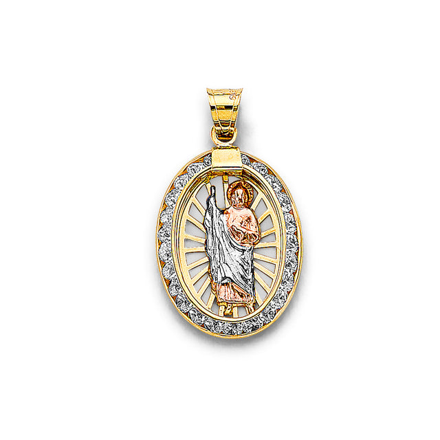 14K Tricolor Gold CZ Oval St. Jude Thaddeus Pendant