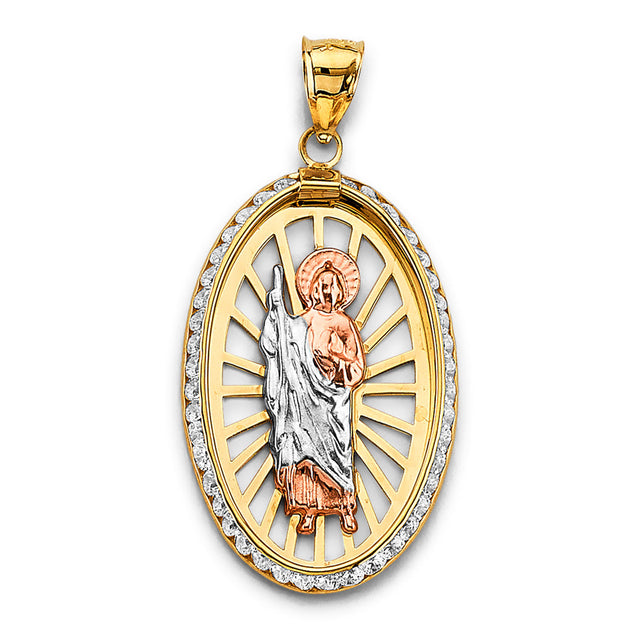 14K Tricolor Gold CZ Oval St. Jude Thaddeus Pendant