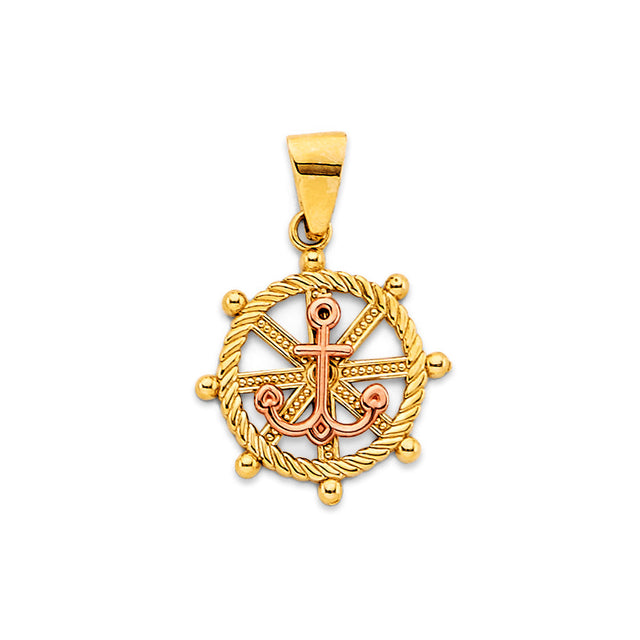 14K Two-Tone Gold Anchor and Ship Wheel Pendant