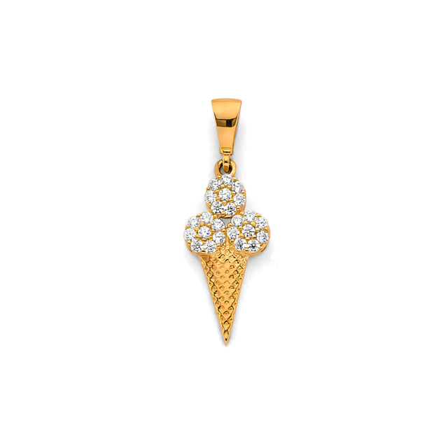 14K Yellow Gold Ice Cream Cone Pendant on White Background