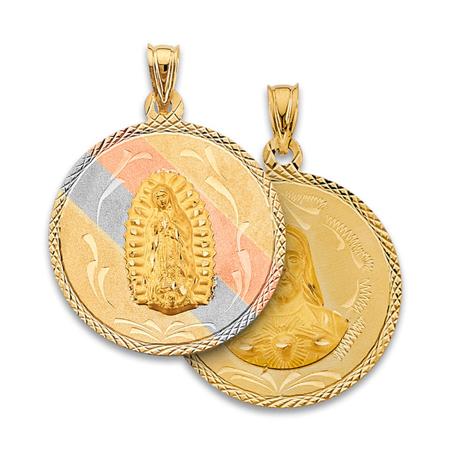 14K Tricolor Gold Guadalupe & Sacred Heart Reversible Medal — Large