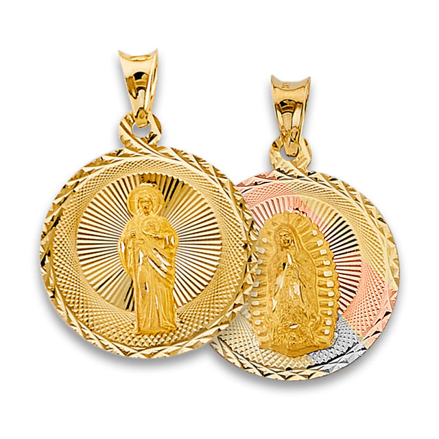 14K Tricolor Gold San Judas Tadeo & Guadalupe Reversible Round Medal — Small