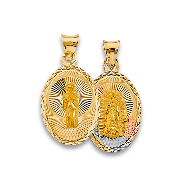 14K Tricolor Gold San Judas Tadeo & Guadalupe Reversible Oval Medal — Small