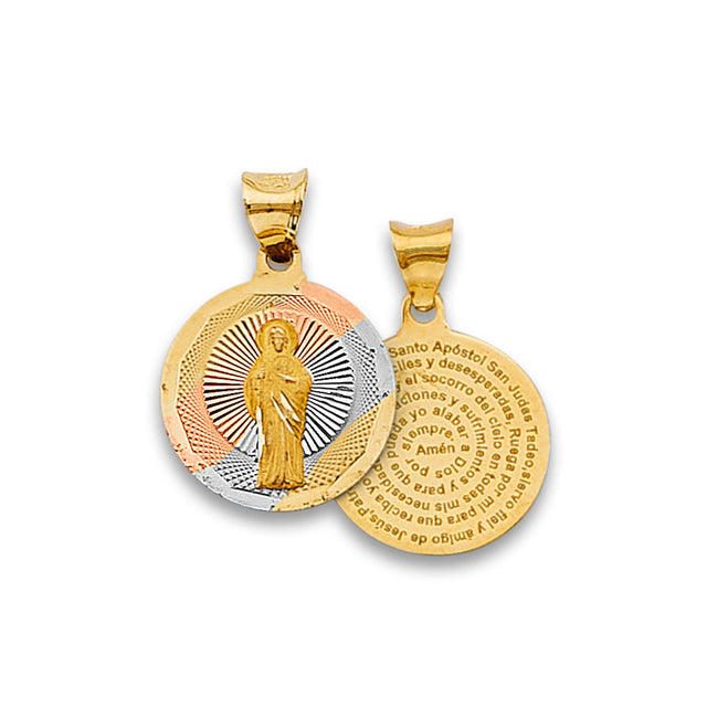 14K Tricolor Gold San Judas Tadeo Prayer Reversible Round Medal — Small