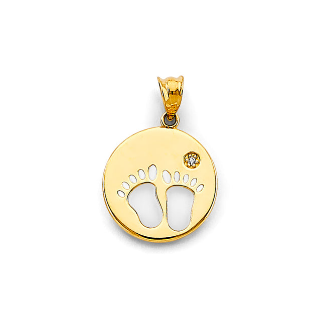14K Yellow Gold Baby Feet Circle Pendant
