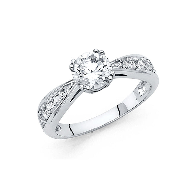 14K Gold Round Split Shank Pavé Solitaire Engagement Ring — White Gold
