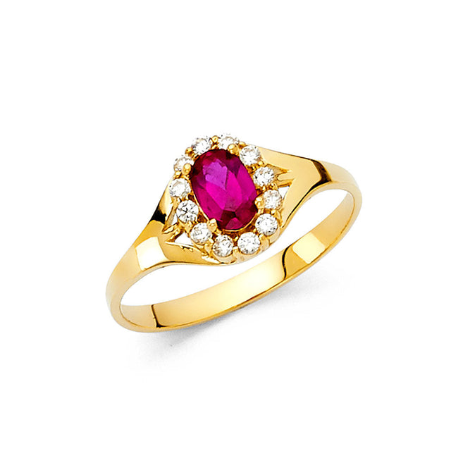14K Yellow Gold Oval Pink Center Stone Halo Ring on White Background