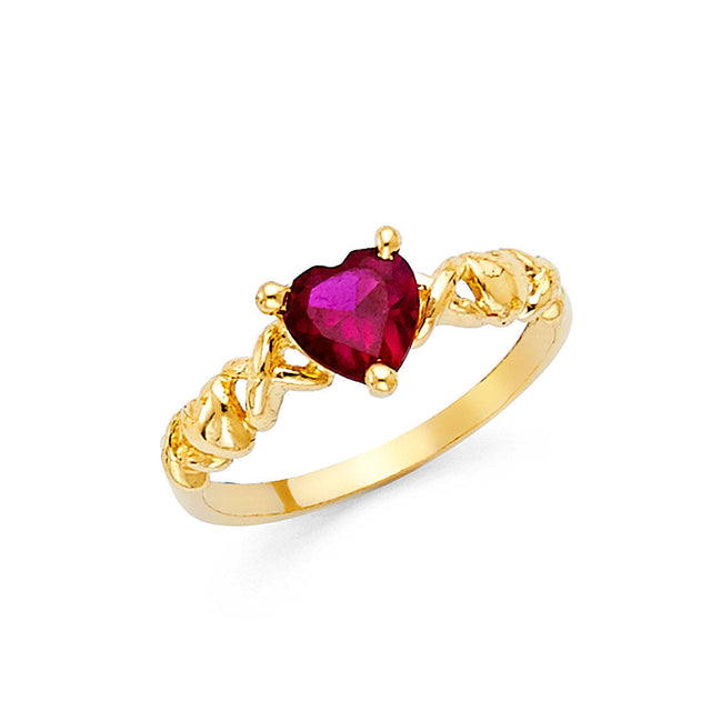 14K Yellow Gold Red Heart Solitaire Ring on White Background