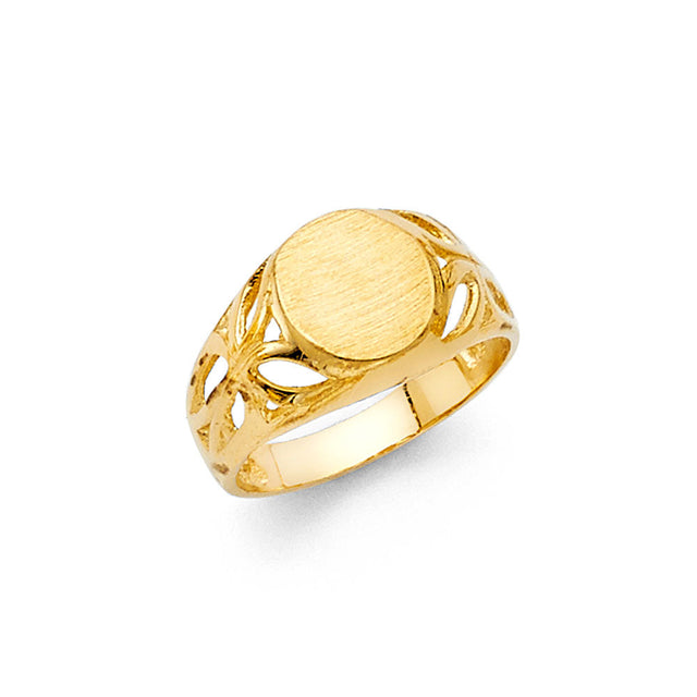 14K Yellow Gold Children's Filigree Oval Signet Ring on White Background