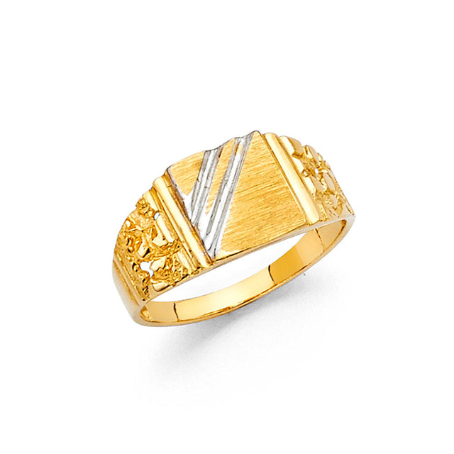 14K Two-Tone Gold Children's Diagonal Panel Signet Ring on White Background