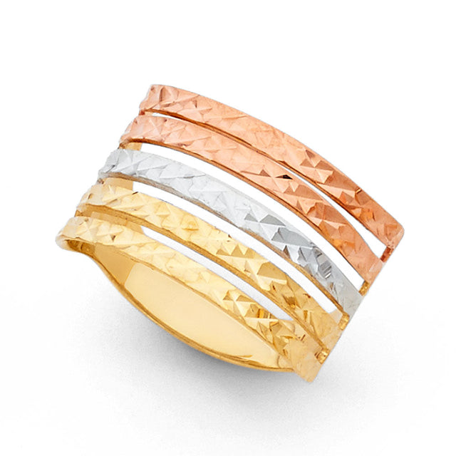 14K Tricolor Gold Wide Diamond-Cut Semanario Ring