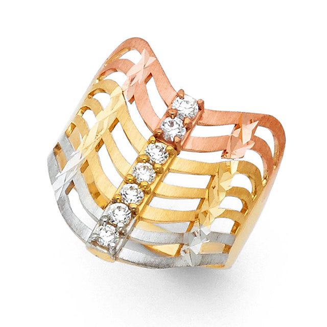 14K Tricolor Gold Center-Stripe Wave Band Ring
