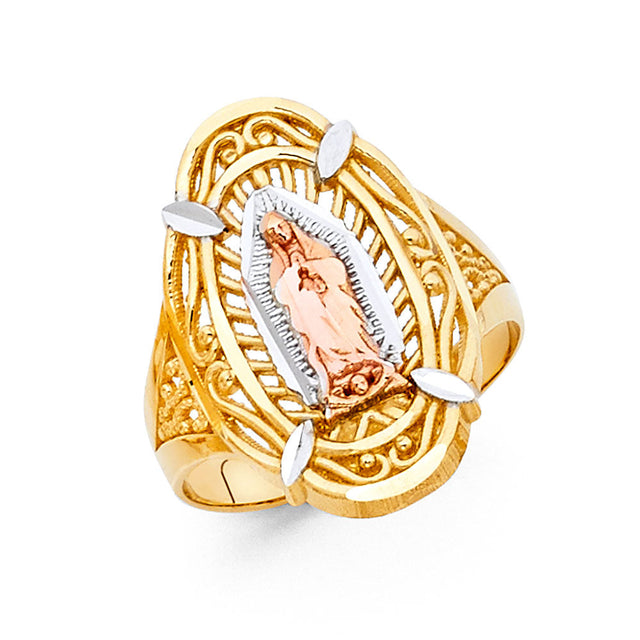 14K Tricolor Gold Our Lady of Guadalupe Ring on White Background