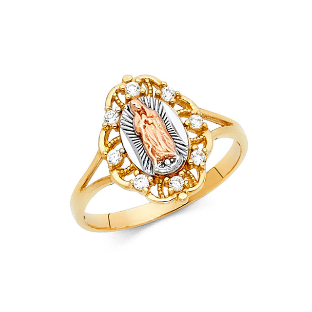 14K Tricolor Gold Scalloped Scroll Guadalupe Ring on White Background