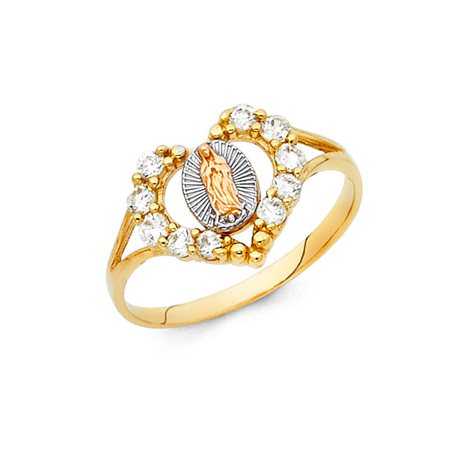 14K Tricolor Gold Horseshoe Halo Guadalupe Ring on White Background