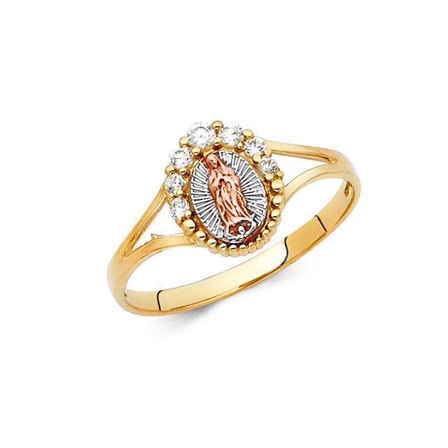 14K Tricolor Gold Beaded Oval Guadalupe Ring on White Background