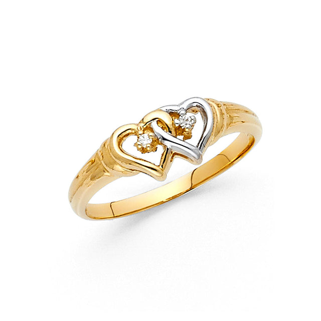 14K Two-Tone Gold Interlocking Double Heart Ring on White Background