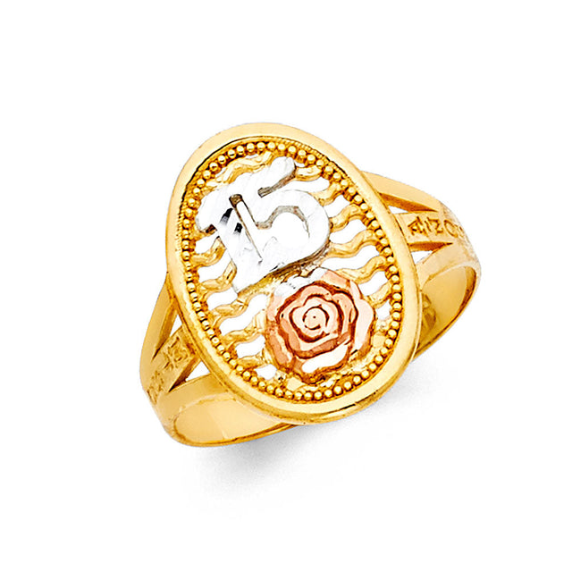 14K Tricolor Gold 15 Años Oval Ring on White Background