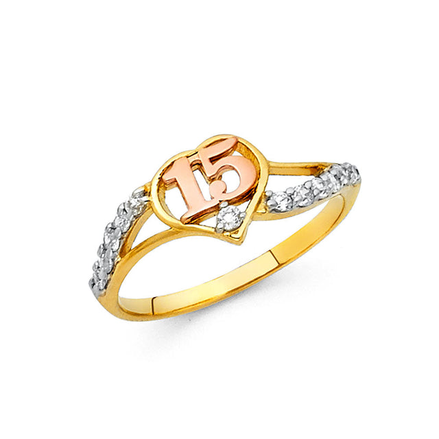 14K Tricolor Gold Open Heart Split-Shank 15 Años Ring on White Background