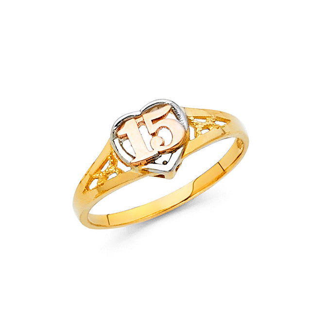 14K Tricolor Gold Petite Heart 15 Años Ring on White Background
