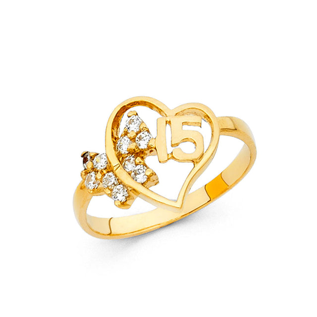 14K Yellow Gold Open Heart Stone-Spray 15 Años Ring on White Background