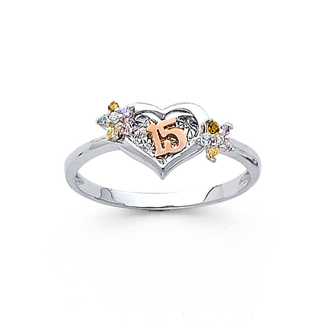 14K White Gold Floral Heart 15 Años Ring on White Background