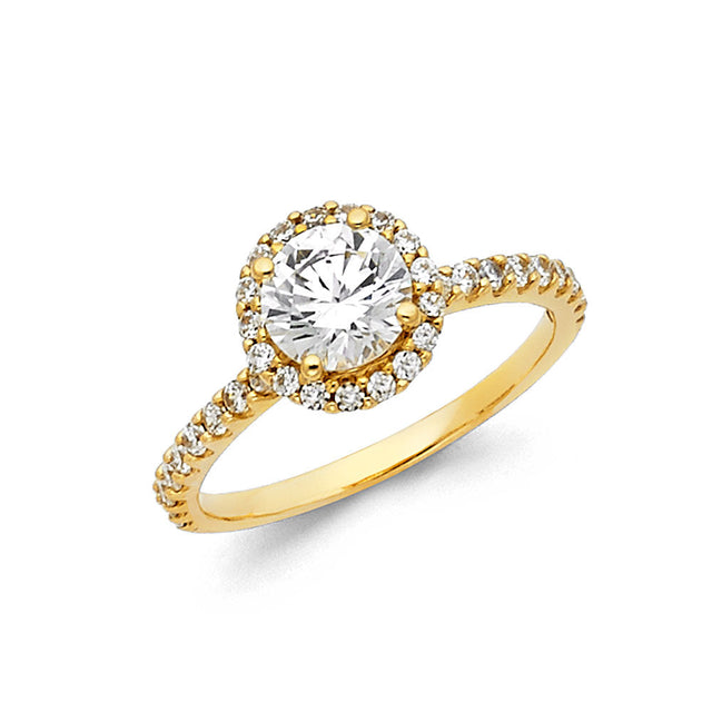 14K Yellow Gold Round Pavé Halo Engagement Ring on White Background
