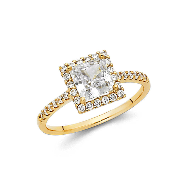 14K Yellow Gold Princess-Cut Pavé Halo Engagement Ring on White Background