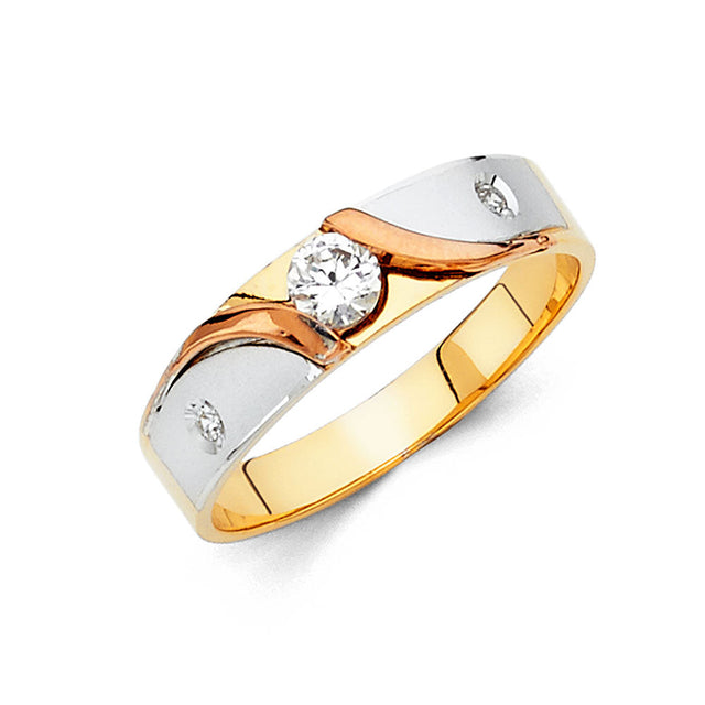 14K Tricolor Gold CZ Starburst Wedding Trio Set — Men's Wedding Band on White Background