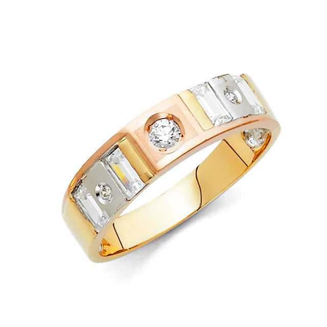 14K Tricolor Gold Baguette and Round Bar-Set Men's Wedding Band on White Background