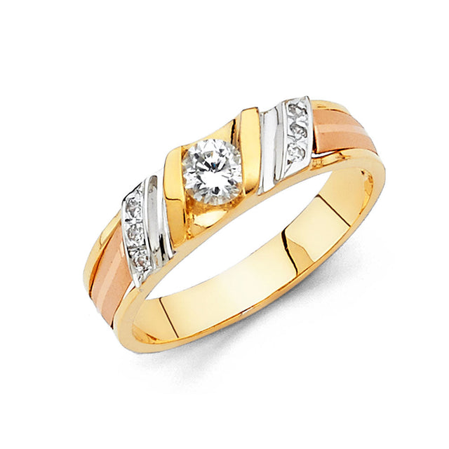 14K Tricolor Gold Striped Solitaire Men's Wedding Band on White Background